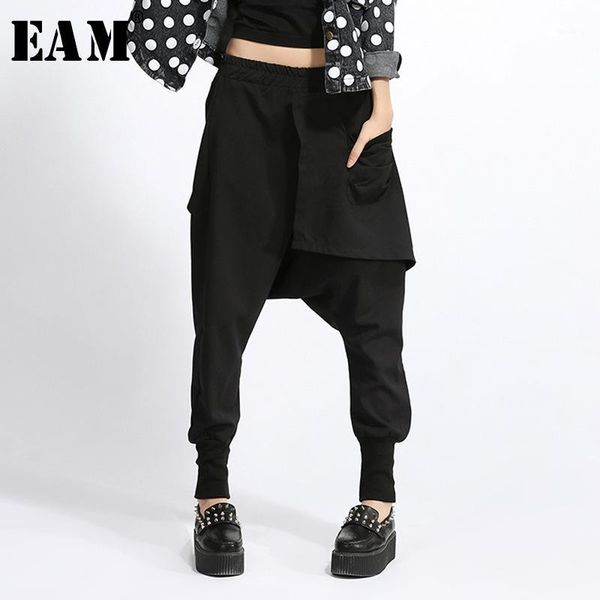 

eam] 2019 new spring high elastic waist black pocket split joint loose harem pants women trousers fashion tide jh0301, Black;white