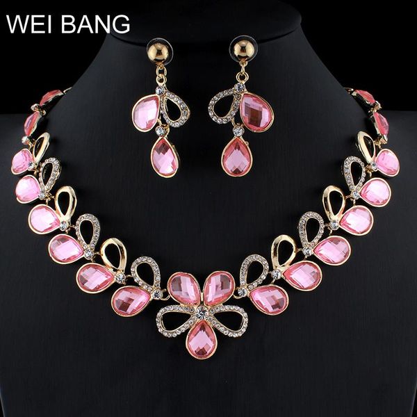 

weibang glamour women flower necklace earrings set pink crystal gold color jewelry wedding clothing accessories dropshipping, Silver