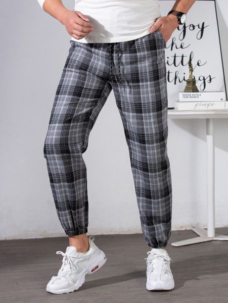 

men plaid print carrot pants s6ks#, Black