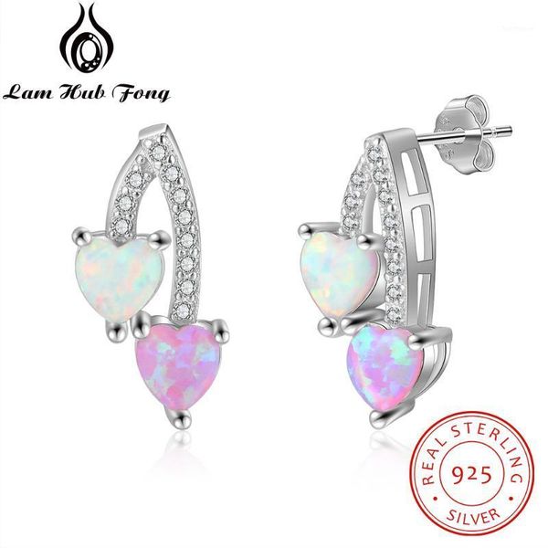 

women 925 sterling silver stud earrings double heart earrings white pink opal with zircon fine jewelry (lam hub fong)1, Golden;silver