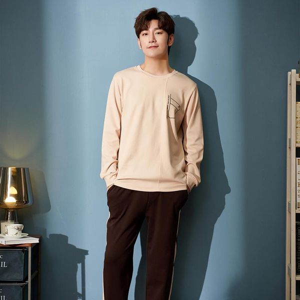 

nightwear melifle autumn fashion men's pajamas sets 100% cotton pjs pure satin male sleepwear winter warm atoff home silk lounge, Black;brown