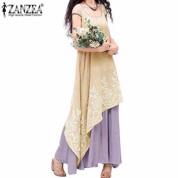 

7 colors vestidos 2020 summer zanzea women vintage loose maxi dress short sleeve floral embroidery two layers dress oversized, Black;gray