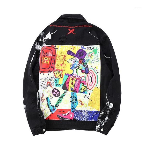 

sokotoo men's loose doodle printed patchwork jean jacket trendy streetwear painted ripped denim coat black outerwear1, Black;brown