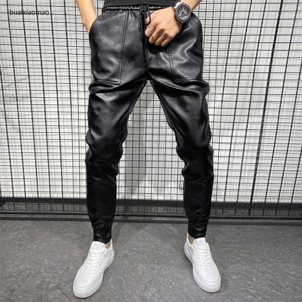 

new arrivals winter thick warm pu leather pants men clothes 2021 simple big pocket windproof casual trousers black plus size 401