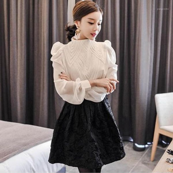 

autumn white black chiffon blouse full puff sleeve stand collar vintage women office casual shirts1, Gray