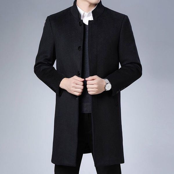 

hengyuanxiang woolen coat men's plush medium and long standing collar middle aged men's autumn and winter woolen coat, Black