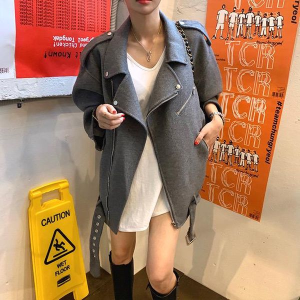 

fashion women's jacket 2020 autumn and winter new fashion versatile loose lapel motorcycle wind thick woolen coat, Black