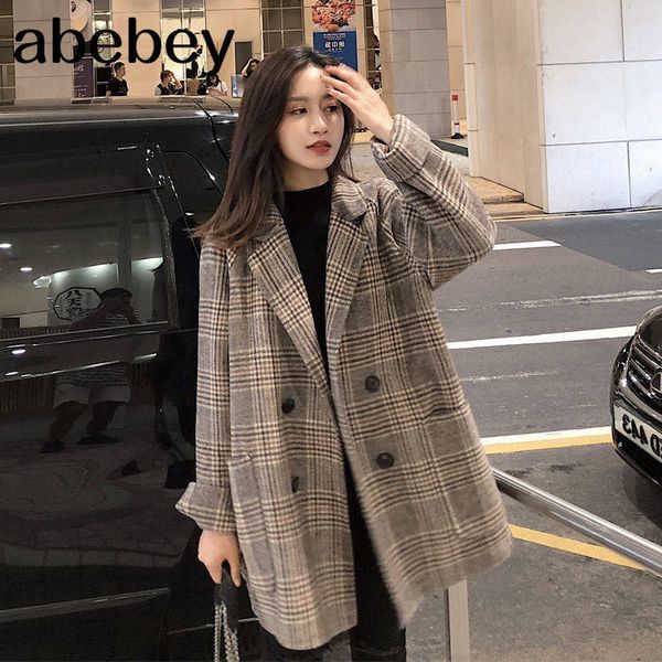 

wool blends women classic medium-long style womens plaid students korean outwear elegant vintage double breasted oversize modernx1020, Black