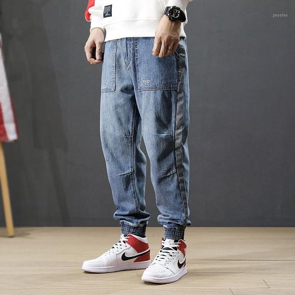 

japanese style fashion men jeans loose spliced designer big pocket cargo pants harem jeans streetwear hip hop joggers men1, Blue