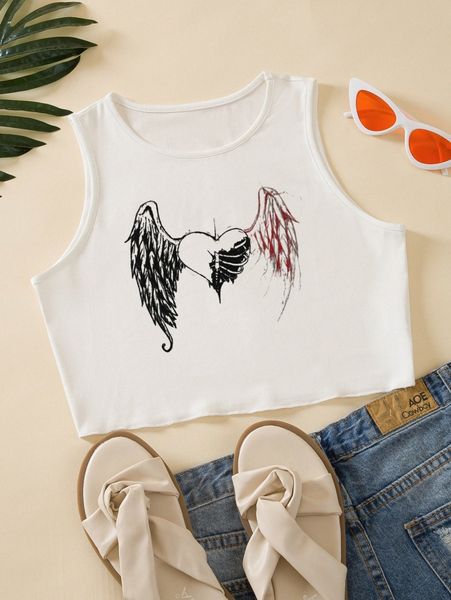

heart & wings print tank c8et#, White