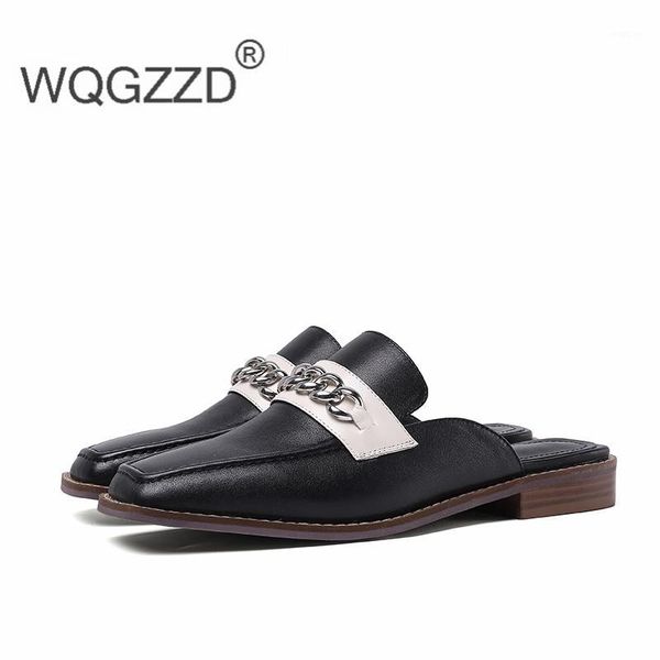 

chaussure femme 2020 new summer flat slippers women's shoes genuine leather chain metal decoration mules shoes female slippers1, Black