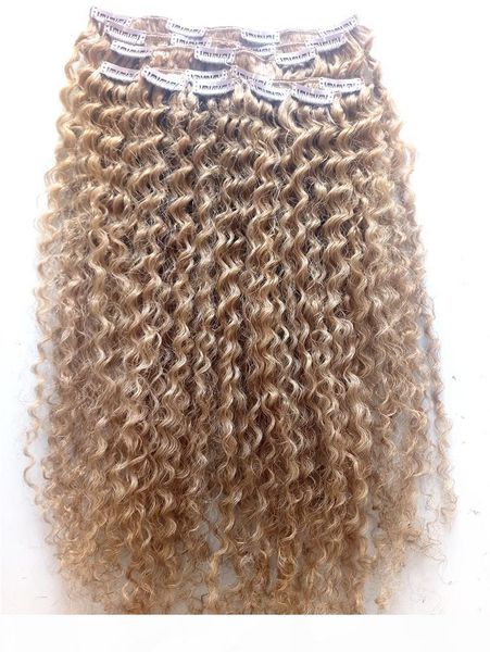 

20inch brazilian human virgin remy kinky curly hair weft natural weaves dark blonde light brown 270# double drawn clip in extensions, Black;brown