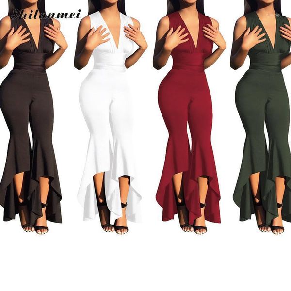 

2020 high waist long jumpsuit club wear fashion sleeveless v neck women rompers overalls vintage romper combinaison femme1, Black;white