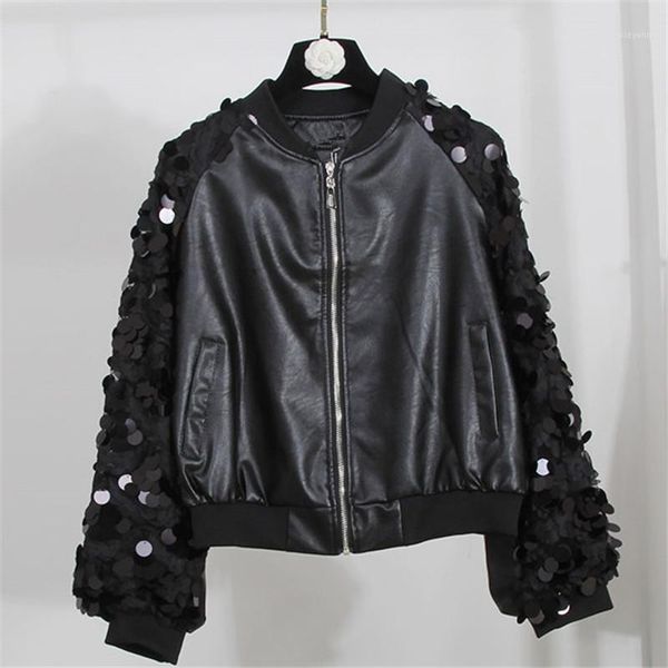 

autumn women pu leather jackets long-sleeved splicing lace sequin loose baseball jacket black short coat1