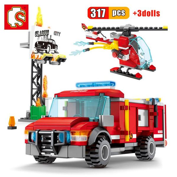 

sembo 317pcs fire fighting series trucks car helicopter building blocks compatible city firefighter figures children toys gift wmtheb