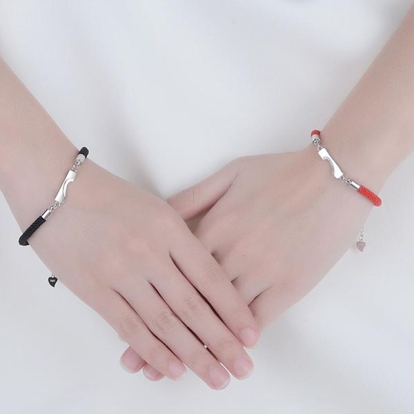 

2pcs/set women/men red/black rope bangle lucky bracelets for women heart charm handmade jewelry for couple lover gift, Golden;silver