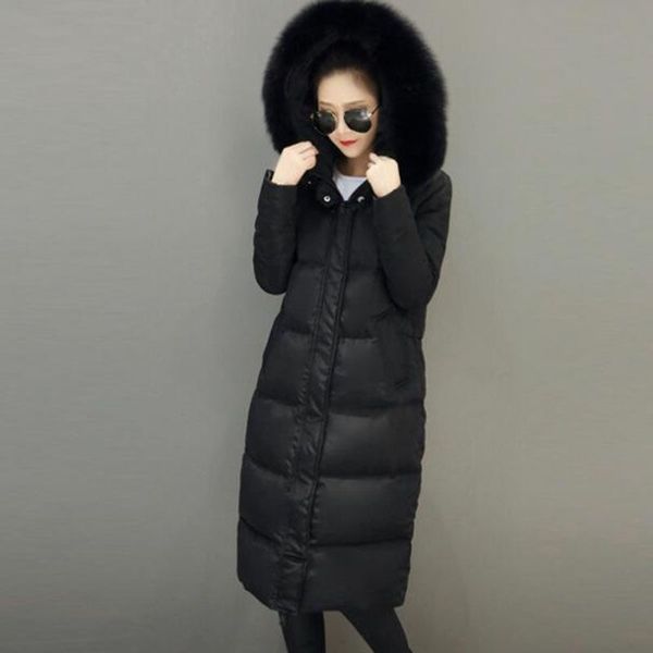 

new 90% duck down fashion brand winterl fur collar long down jacket women super long over knee thickening hooded coat 201110, Black