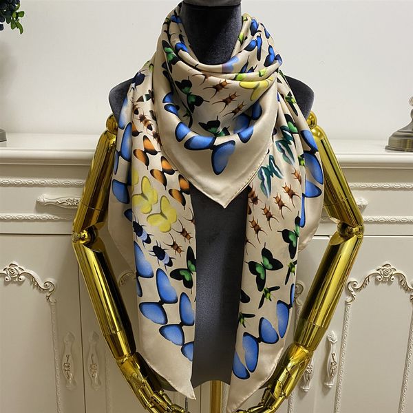 

women's square scarf pashmina good quality 100% twill silk material beige pint letter butterfly pattern size 130cm- 130cm, Blue;gray