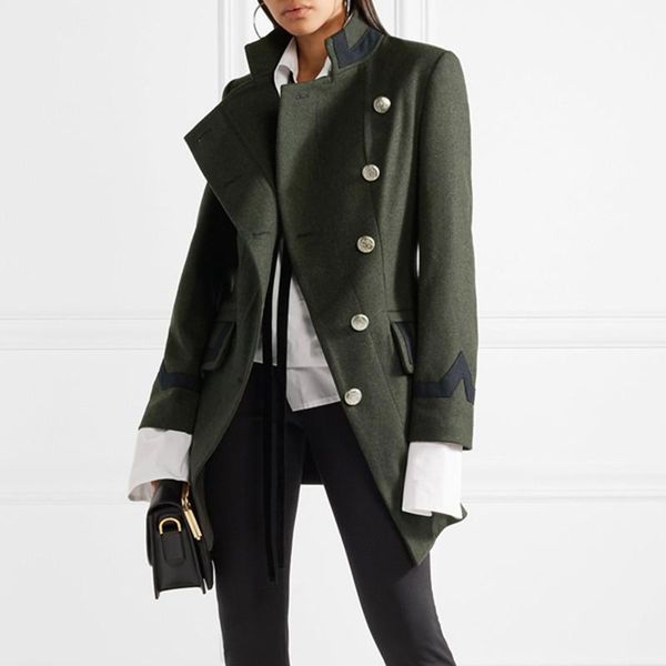 

2020 army green women wool coat autumn winter new stand collar style side single-breasted slim irregular wool overcoat, Black