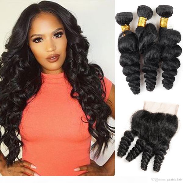 

brazilian loose wave bundles with closure 100% human hair weave 3 bundles with closure loose deep wave bundles with closure, Black