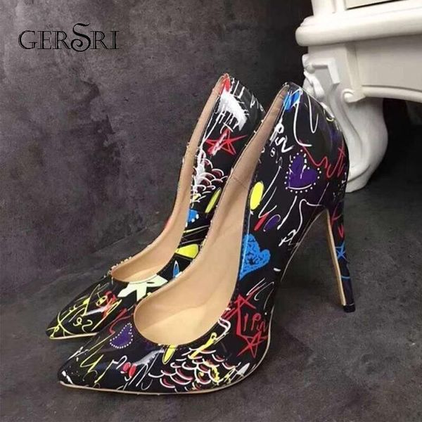 

gersri new fashion high heels women pumps 11.5cm thin heel stilettos leather graffiti prom wedding shoes big size 35-42, Black