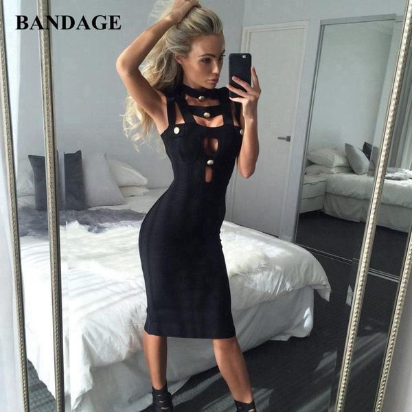 

casual dresses women hollow out bandage dress sheath metal button red black midi celebrity party club elegant vestidos, Black;gray