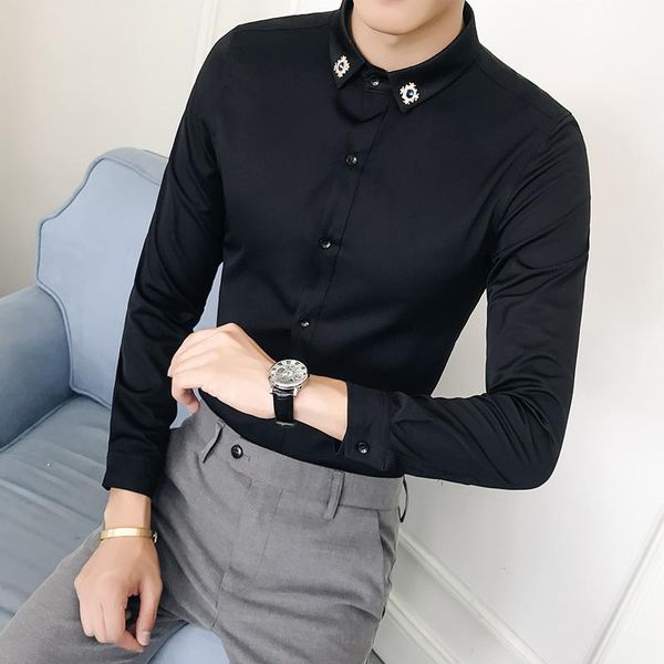 

british style spring new men casual shirts long sleeve fashion 2021 diamond collar slim fit business office blouse homme 5xl-s, White;black
