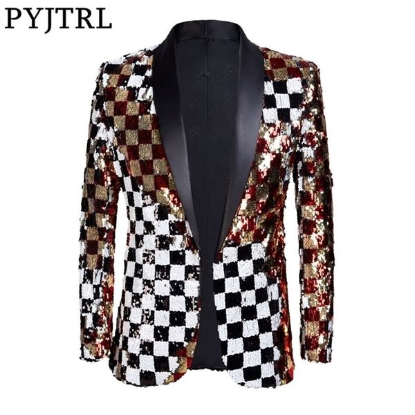 PYJTRL Marke Neue Männer Doppelseitige Bunte Plaid Rot Gold Weiß Schwarz Pailletten Blazer Design DJ Sänger Anzug Jacke Mode outfit LJ201223