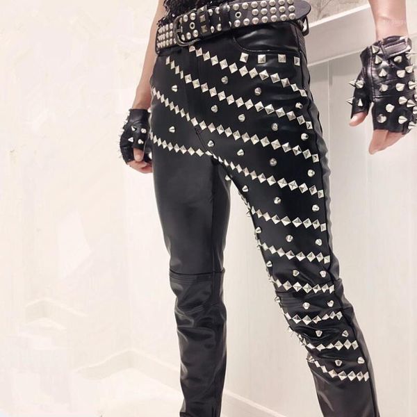 

nightclub dj singer vintage punk rock rivet leather pants hip hop stage costume mens casual slim joggers motorcycle trousers1, Black