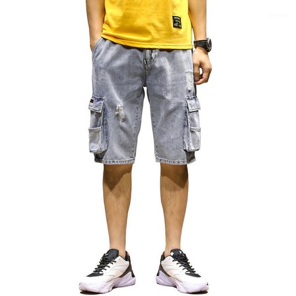 

shorts summer jeans men cargo pants multi-pockets cotton distressed jean streetwear jeans man calf-length blue denim trousers1