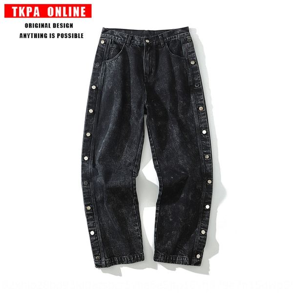 

tkpa new washed old side button green dad pants trendy hip hop loose and jeans large size men's jeans 8bhsr, Blue