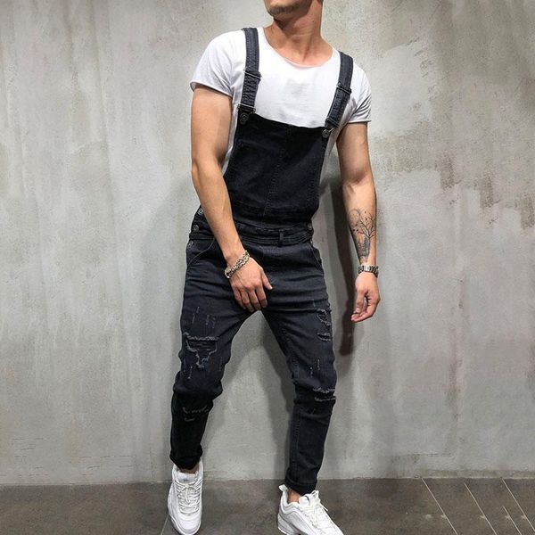 

men's jeans ripped high waist distressed denim overalls men jumpsuit summer casual fashion dropship, Blue