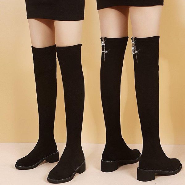 

shoes boots women new 2020 thigh high heels high round toe booties ladies over-the-knee mid calf flat rubber, Black