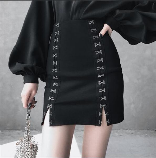 

harajuku style black high waisted a shaped skirt punk fashion women breasted elastic mini skirt new drop shipping