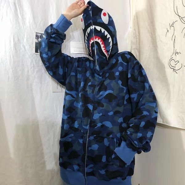 

spring and autumn street fashion brand stitching hooded shark camouflage jacket hip-hop men and women loose cardigan sweater, Black