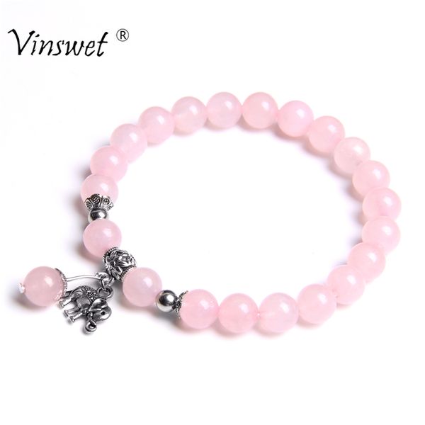 

fashion design boho charm bracelets women natural rose quartzs beads bangle for men elephant owl pendant bracelet jewelry, Black