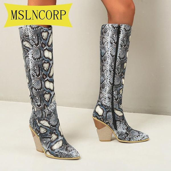 

boots plus size 34-48 brand women serpentine thick high heels autumn winter cowboy western knee shoe, Black