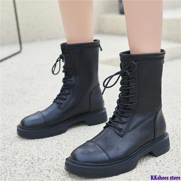

2021 new genuine leather boots women lace up square heel black spring autumn stretch ankle boots for female shoes