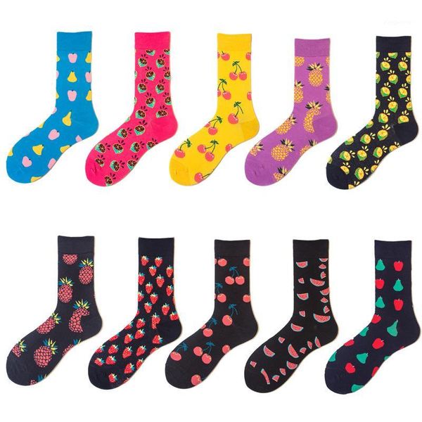 

new fashion fruit pineapple cherry mens cotton happy socks hip hop street crew meias funny skateboard harajuku pink yellow1, Black