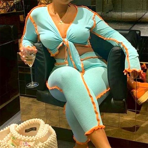 

nibeer ribbed knitted patchwork v neck casual sport suit bandage women long sleeve bodycon two piece outfits crop and pants 201104, Gray