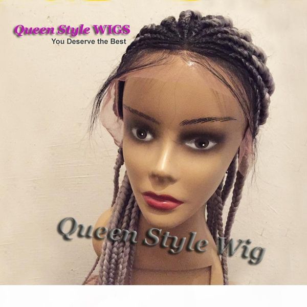 

gorgeous fat big braided lace front wig synthetic black root ombre grey color box braiding hair lace front wigs for black women