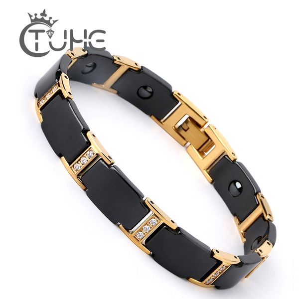 

luxury men gold bracelet health black ceramic bio magnetic germanium bracelets men hand chain link crystal stainless jewelry y19051002, Golden;silver
