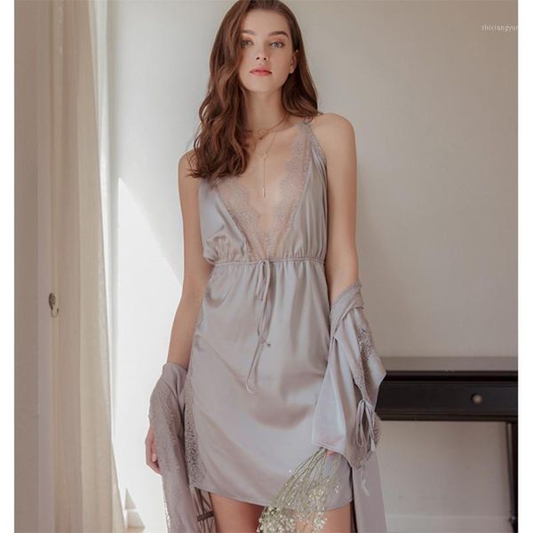 

munllure temperament deep v satin silky passion set lace side slits temptation nightdress comfortable underwear1, Black;red