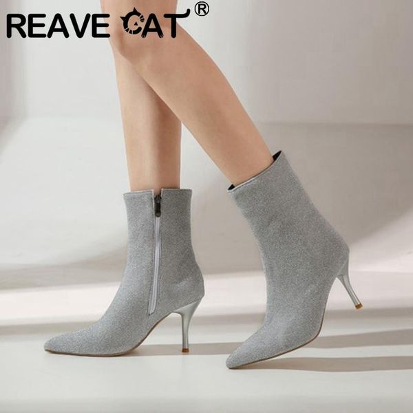 

boots reave cat women ankle pointed toe thin heels 8.5cm bling zip stretchy big size 32-47 colorful party spring c2196, Black