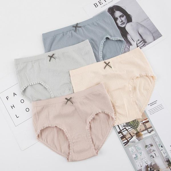 

women's panties lace side mid waist underwear seamless colored cotton bow crotch solid color high elastic breathable briefs, Black;pink