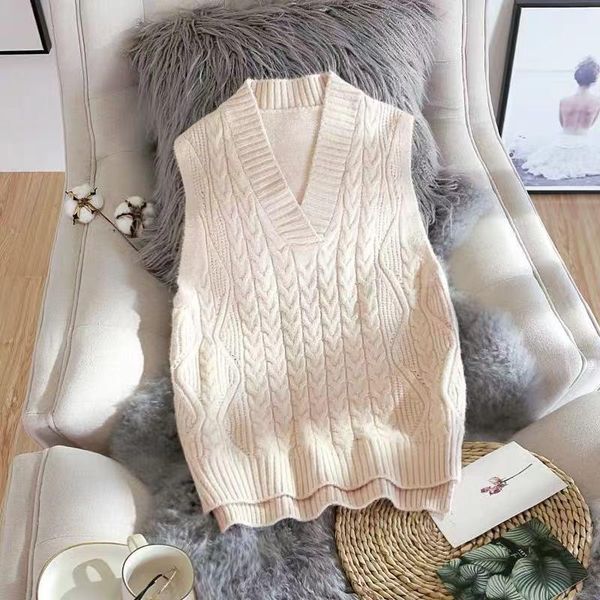 

women 2021 autumn winter sleeveless knitted twist vest female casual loose sweater pullovers ladies v neck simple wild solid y34, White;black