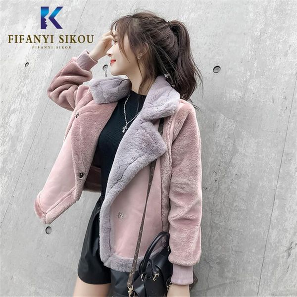 

suede jacket women winter coat thick warm faux lamb wool jackets fashion loose motorcycle short leather jacket female plush coat, Black