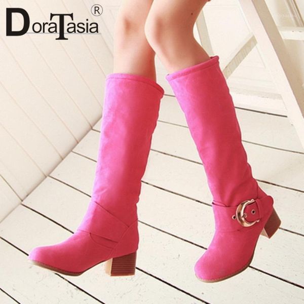 

boots doratasia female solid round toe mid calf casual daily office brand women buckle high heels flock shoes woman1, Black