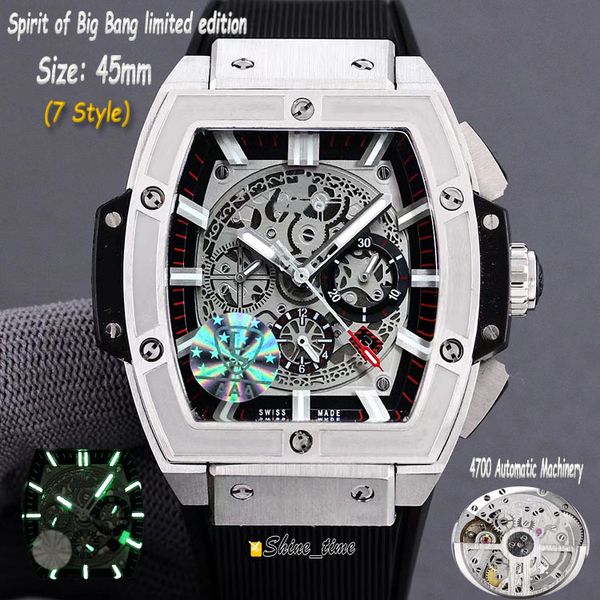 

version 45mm silver stainless steel case skeleton dial 641.nx.0173.lr mens watch 4700 automatic mechanical rubber luxry strap watches, Slivery;brown