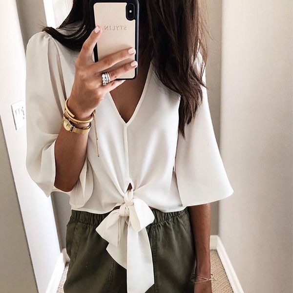 

women deep v-neck shirt ladies beach style solid white short sleeve short blouse